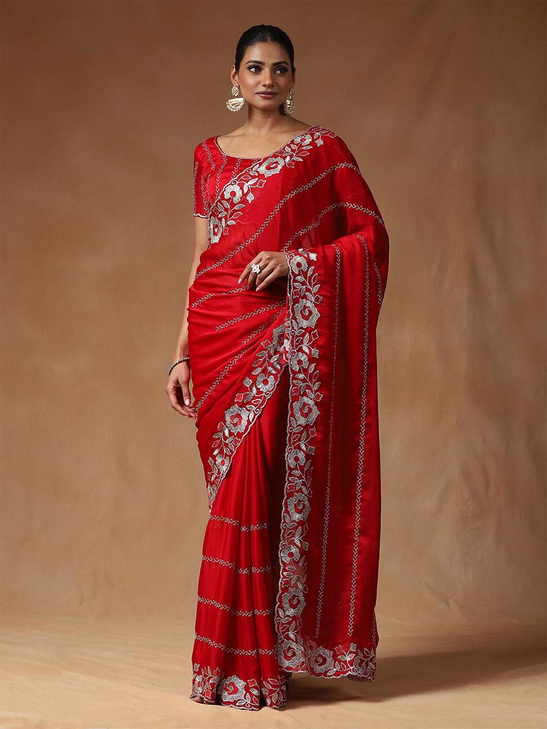 

Saree mall Floral Beads and Stones Satin Designer Sarees, Red