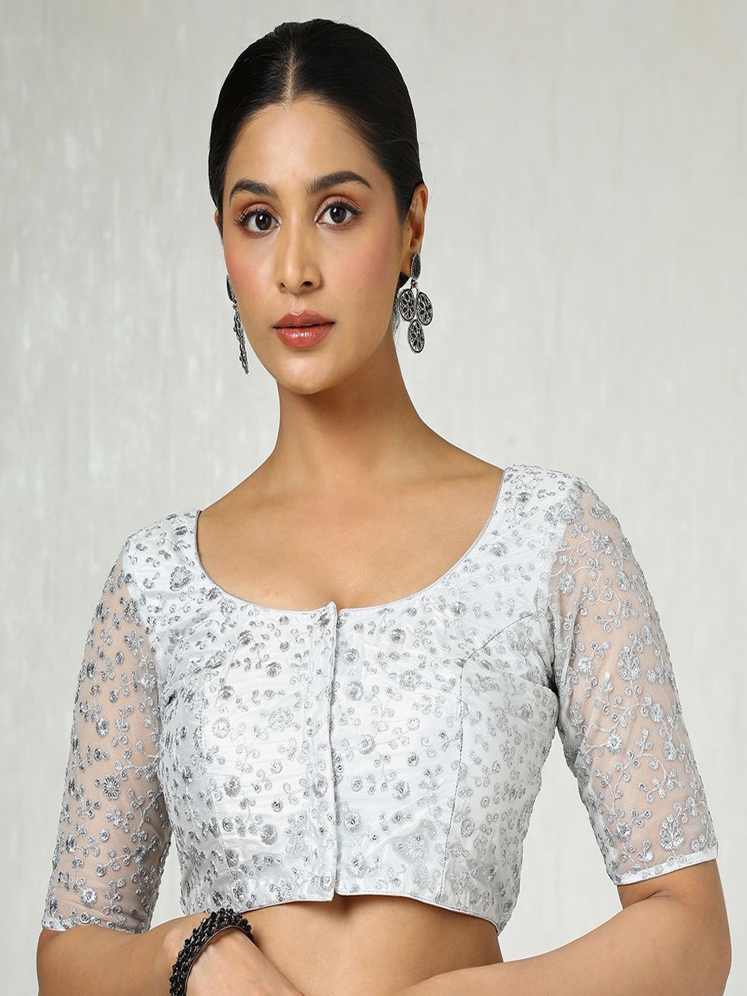 

Soch Women Embroidered Round Neck Padded Saree Blouse With Sequins, Grey