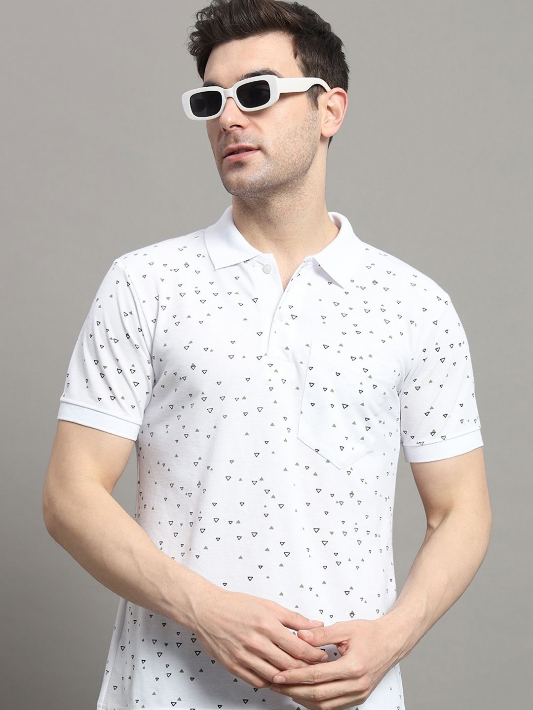 

MXN Men Geometric Printed Polo Collar Cotton T-shirt, White