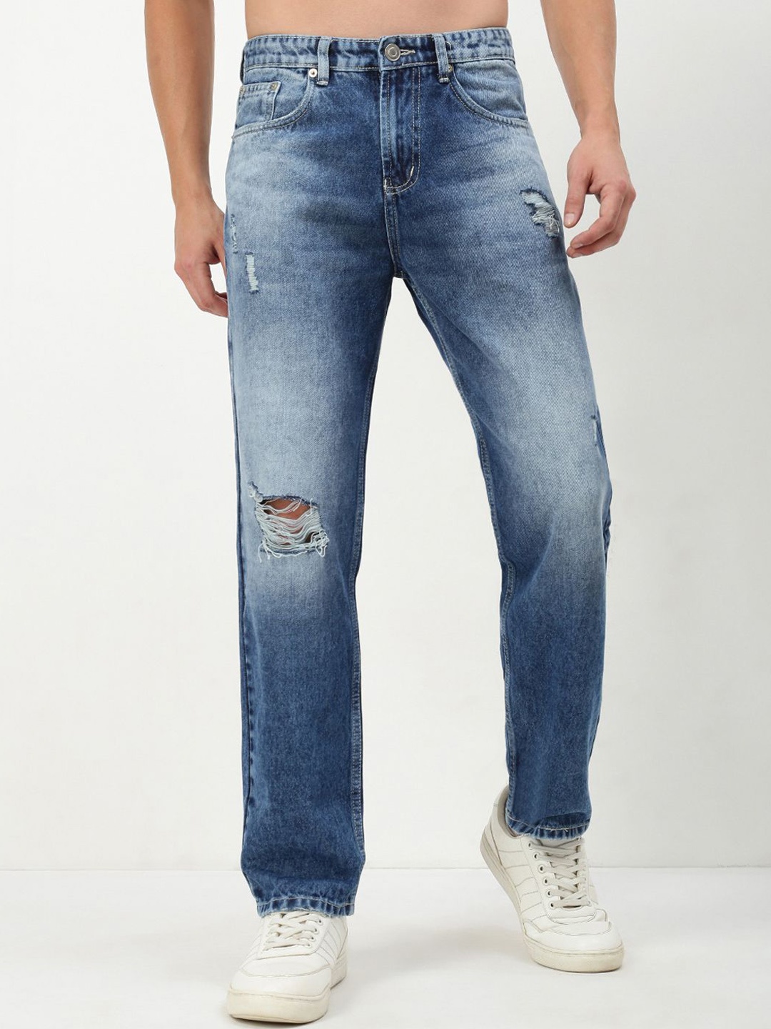 

SHOWOFF Men Comfort Straight Fit Low-Rise Mildly Distressed Heavy Fade Acid Wash Jeans, Blue