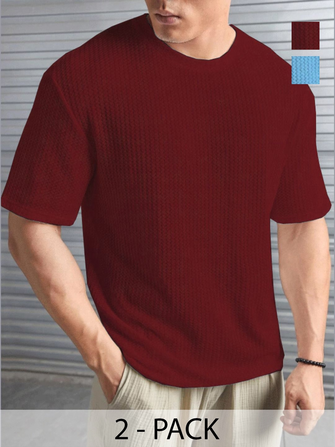 

MERRIMENT Men Self Design Round Neck T-shirt, Turquoise blue