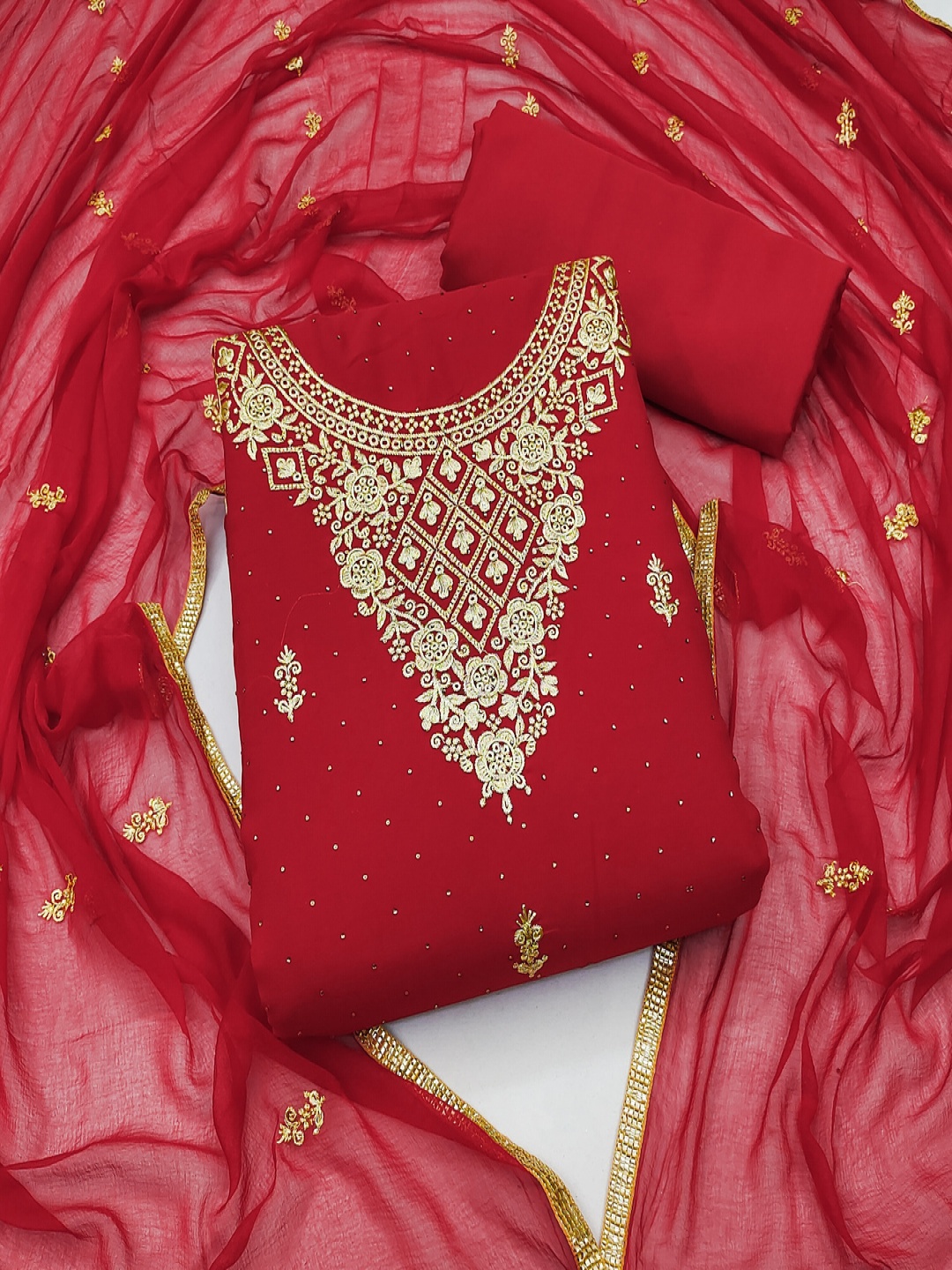 

TRYSTON Floral Embroidered Poly Georgette Unstitched Dress Material, Red