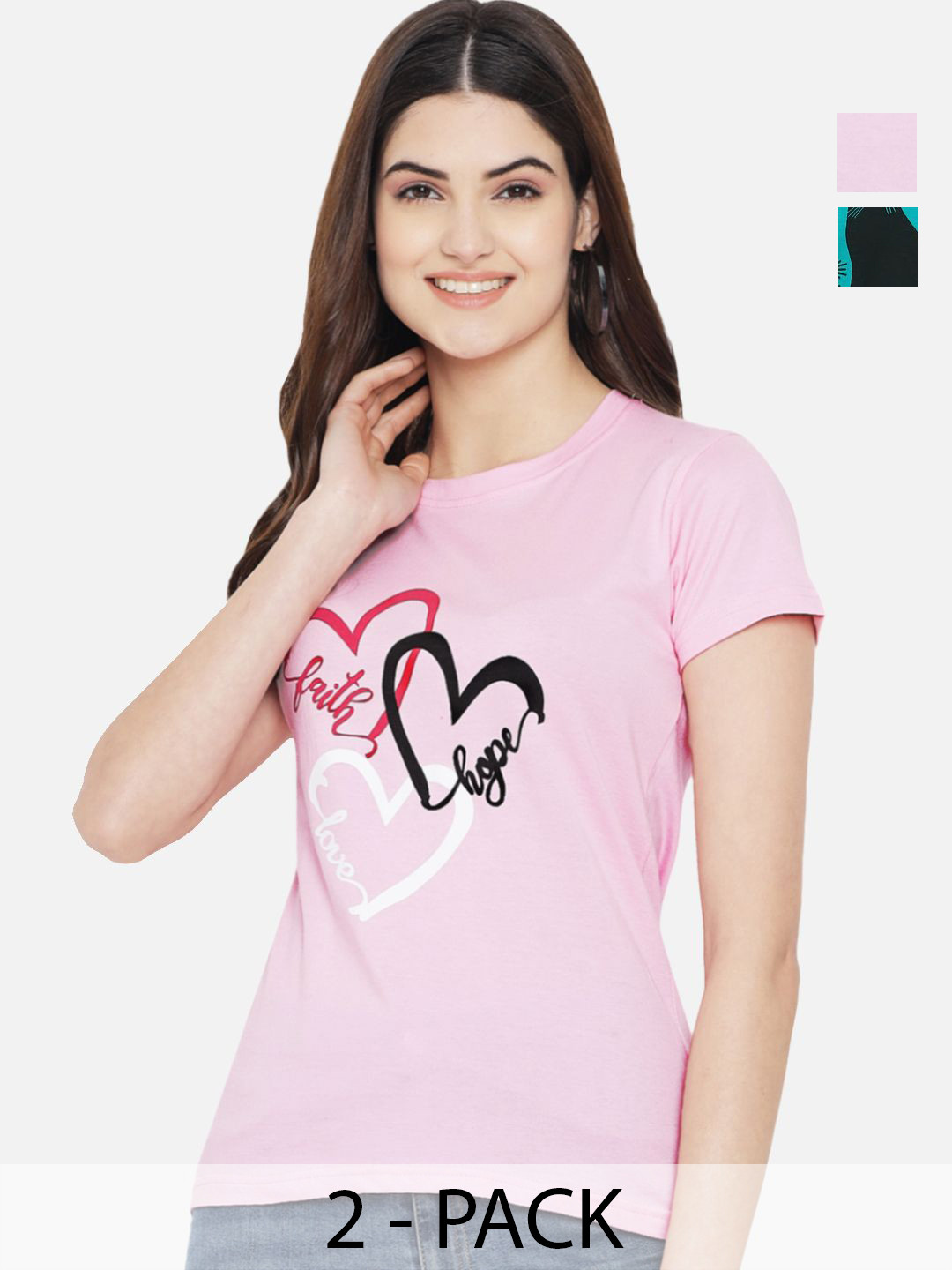 

Dreambe Women Pack Of 2 Graphic Printed Round Neck Cotton T-shirts, Pink