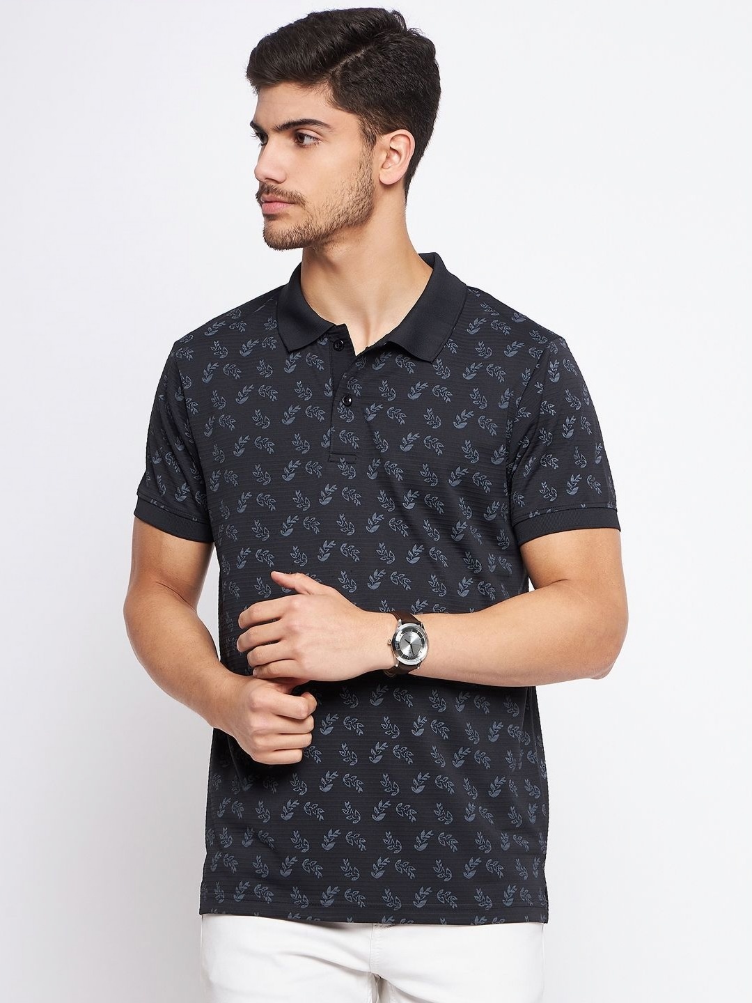 

MXN Men Floral Printed Polo Collar Cotton T-shirt, Black