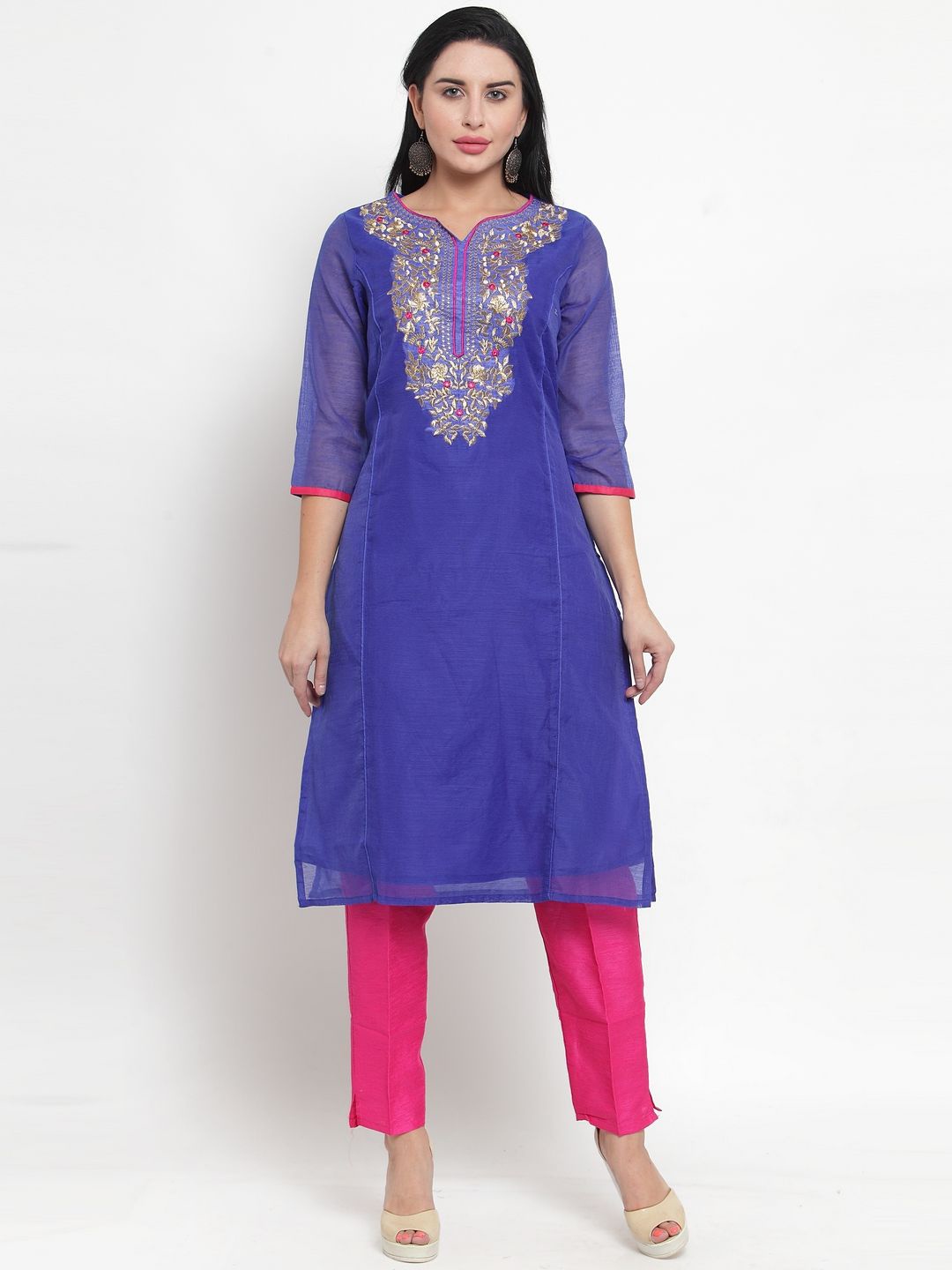 

Moda Rapido Floral Yoke Design Notch Neck Zari Straight Kurta, Blue