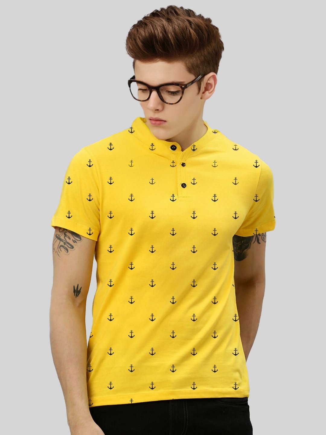 

Dagcros Boys Conversational Printed Henley Neck Cotton T-shirt, Yellow