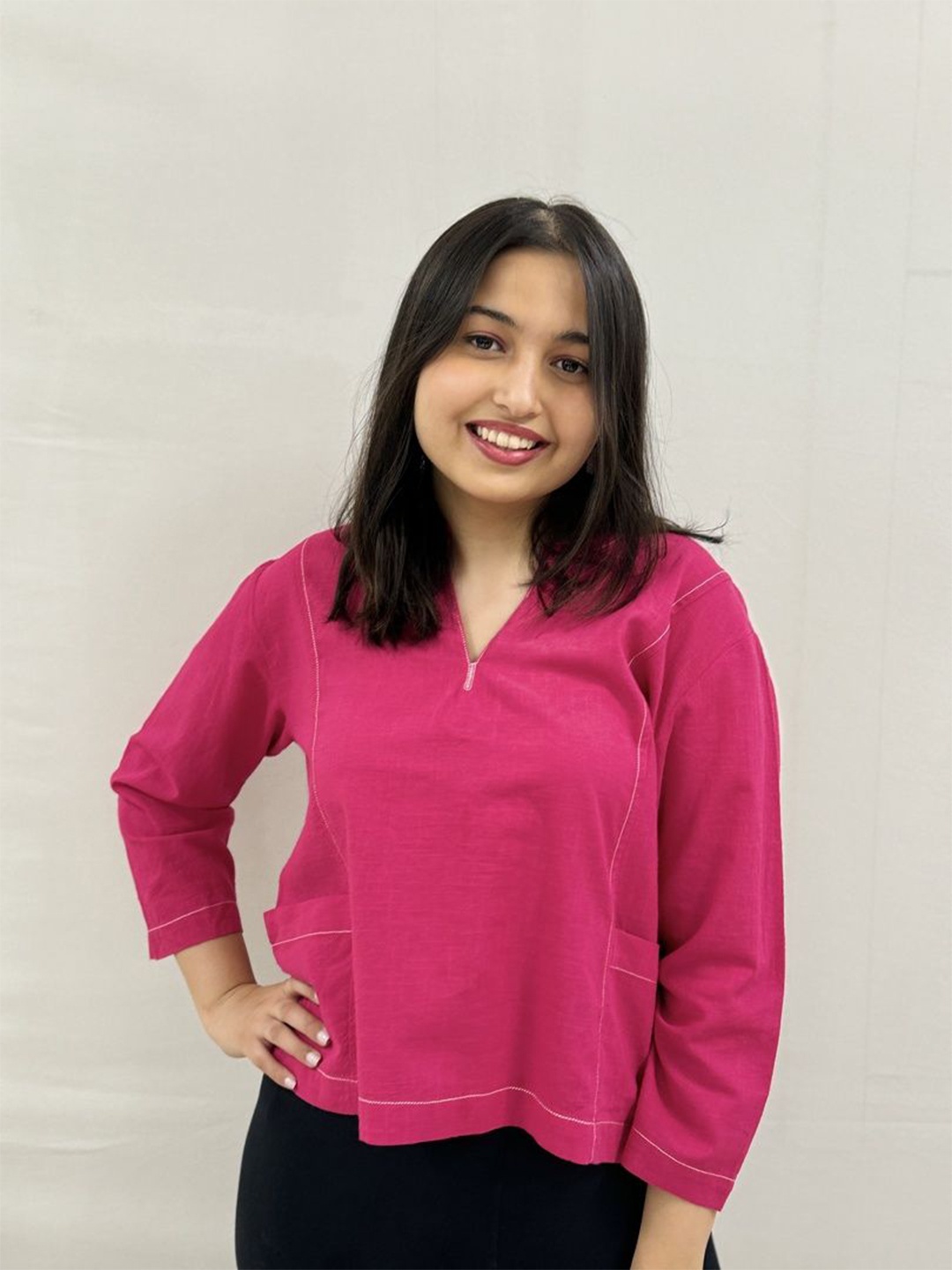 

Amaya Women Mandarin Collar Cotton Top, Pink