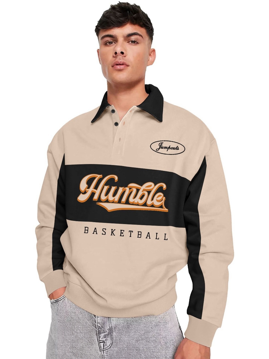 

JUMPCUTS Men Typography Printed Polo Collar Cotton T-shirt, Beige