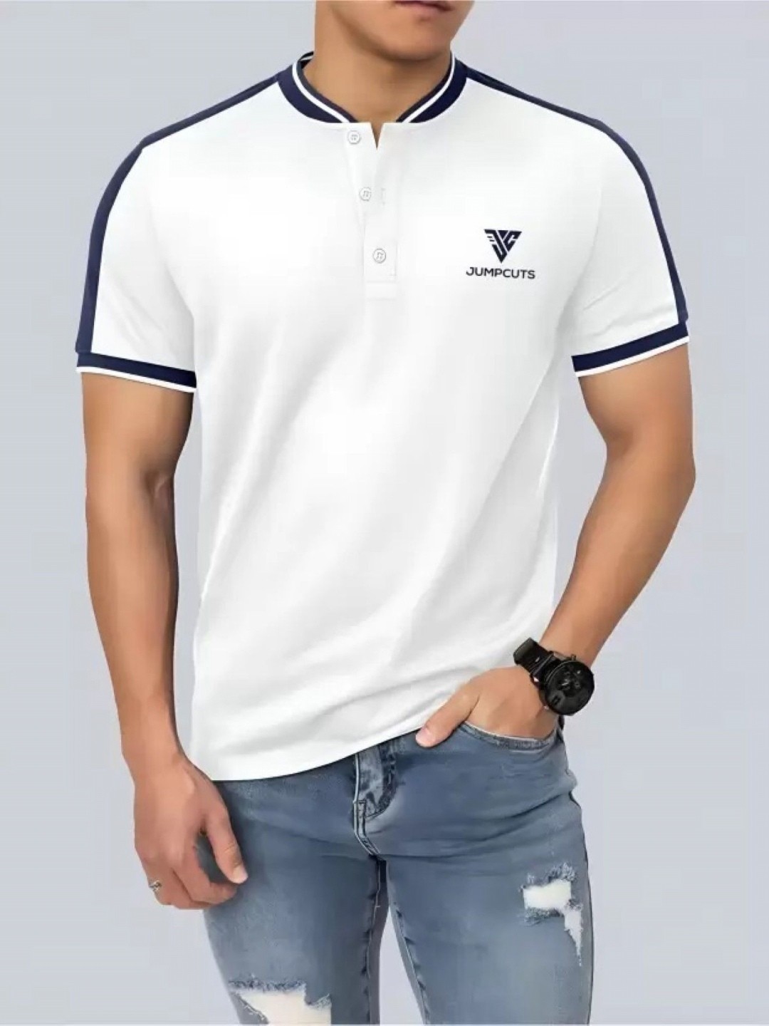 

JUMPCUTS Men Solid Henley Neck Cotton T-shirt, White