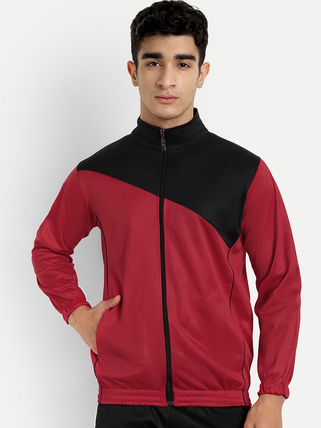 

ESTRO Men Mock Collar Colourblocked Sports Lightweight Bomber Jacket, Red