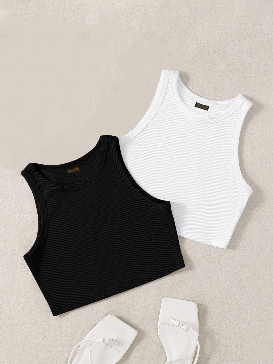 

TOOCHKI Women Pack Of 2 Ribbed Tank Crop Top, Black