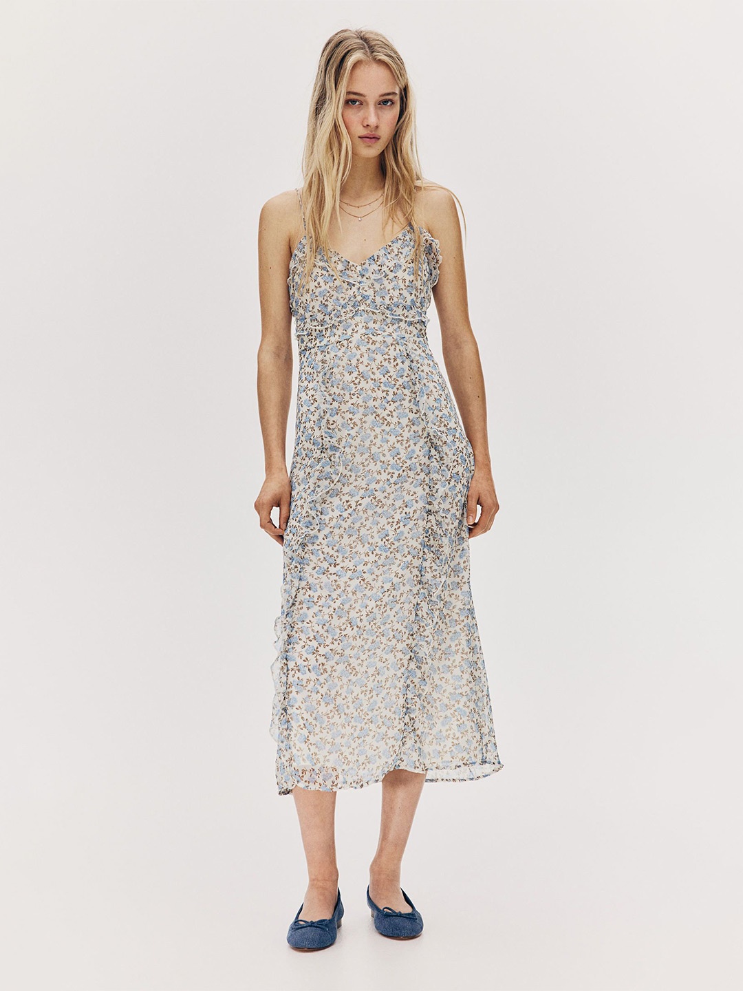 

H&M Floral Printed Flounced Chiffon Straight Shoulder Straps Dress, White