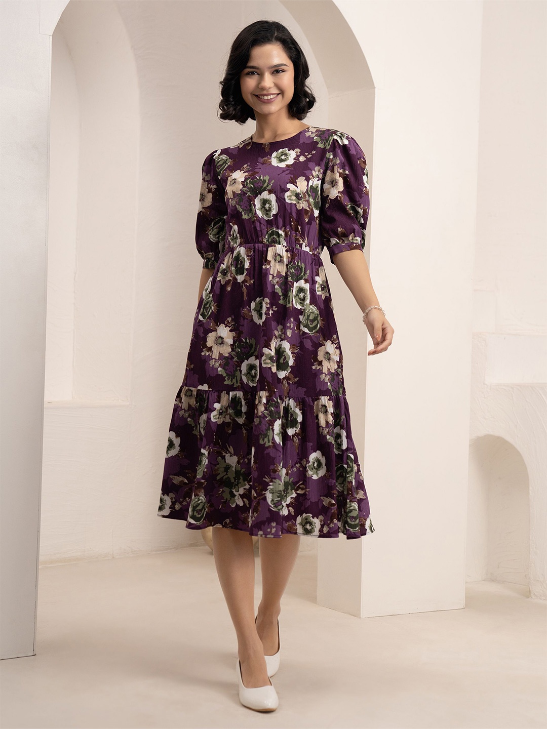 

AASK Women's Wine Floral Printed Crush Crepe Tiered Midi Length Dress, Purple
