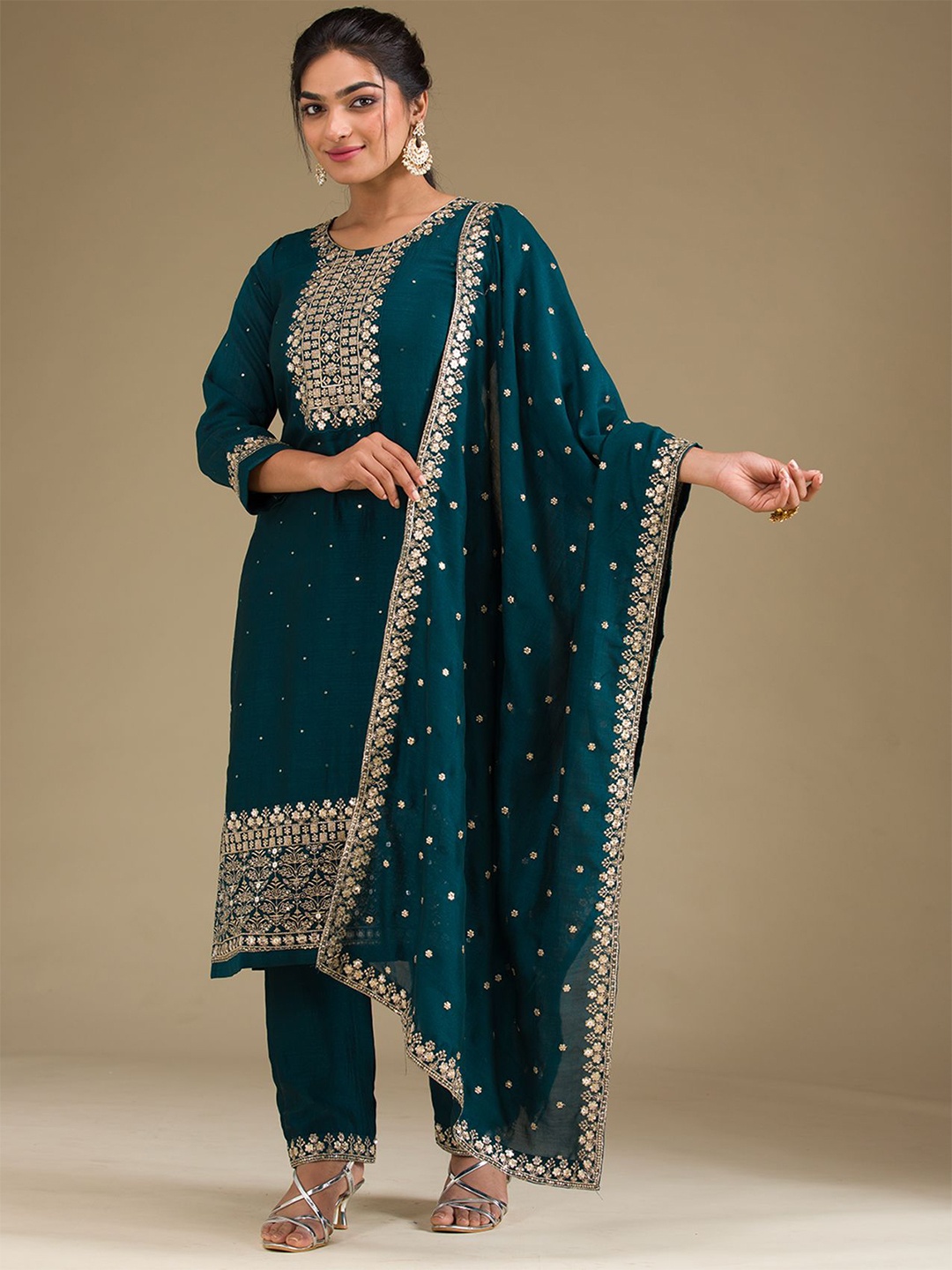 

Koskii Women Embroidered Thread Work Kurta with Trousers & Dupatta, Green