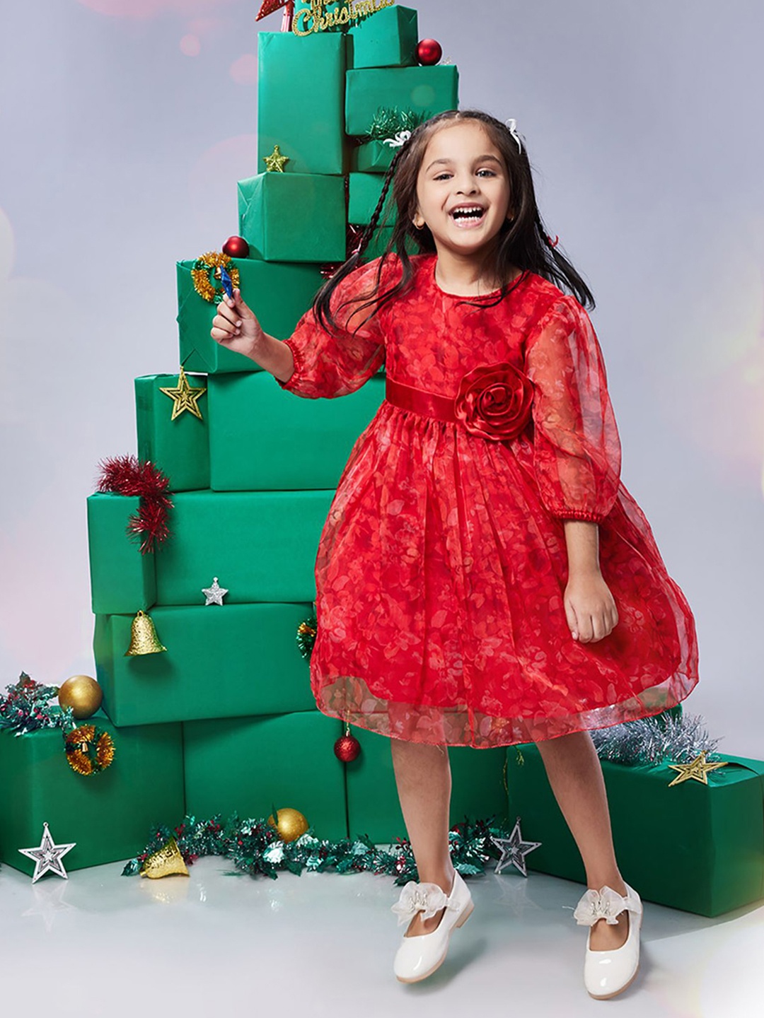 

MASTARANG Girls Floral Printed Organza Fit & Flare Dress, Red