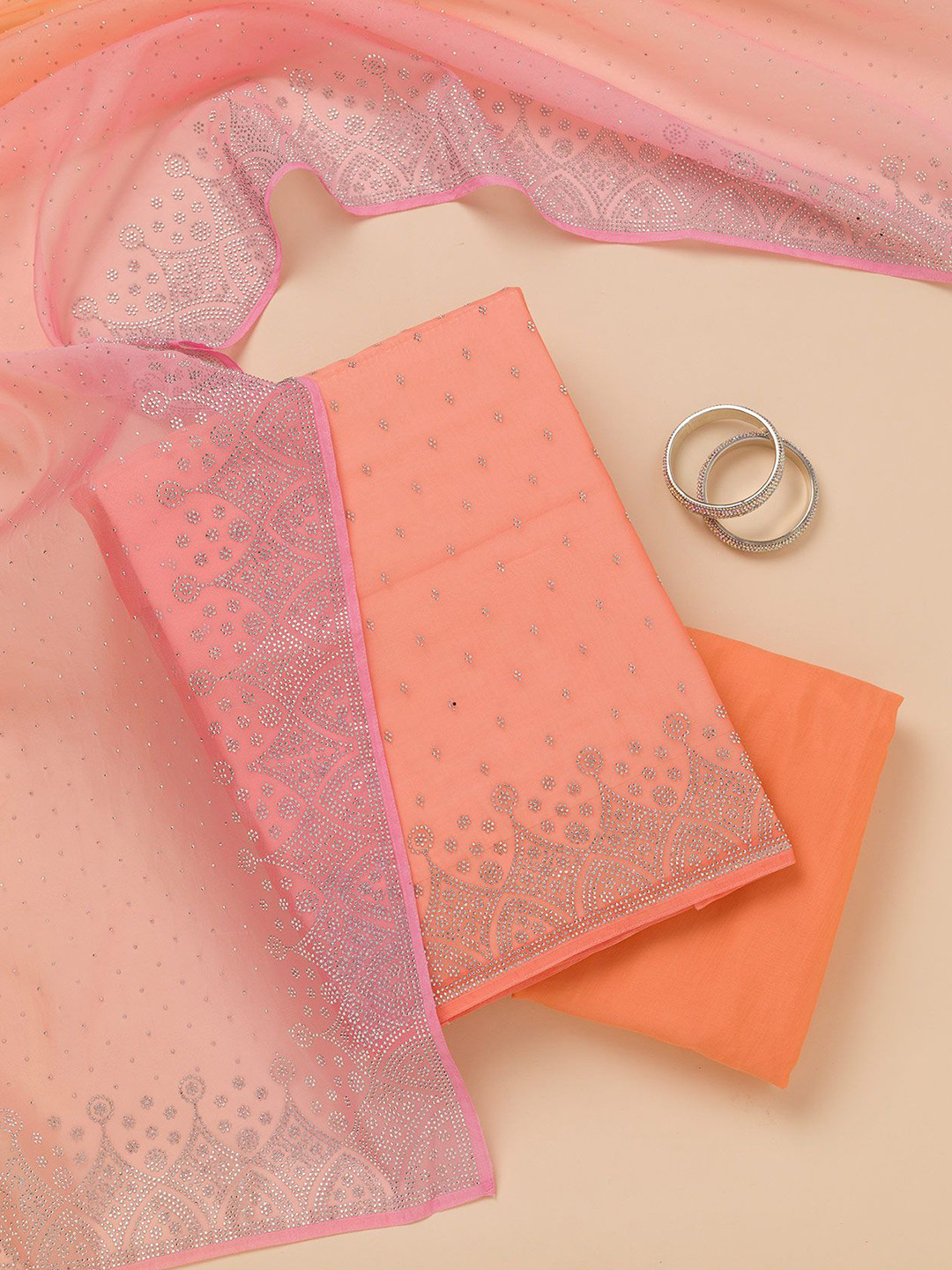 

Koskii Ethnic Motifs Stonework Embroidered Unstitched Dress Material, Peach