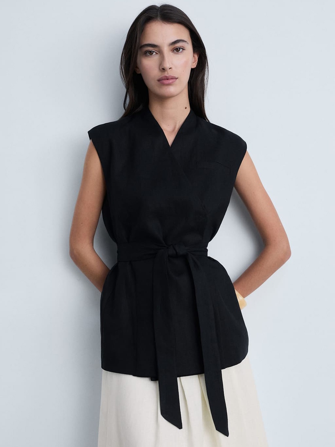 

MANGO Linen Waistcoat with Tie Up Detail, Black