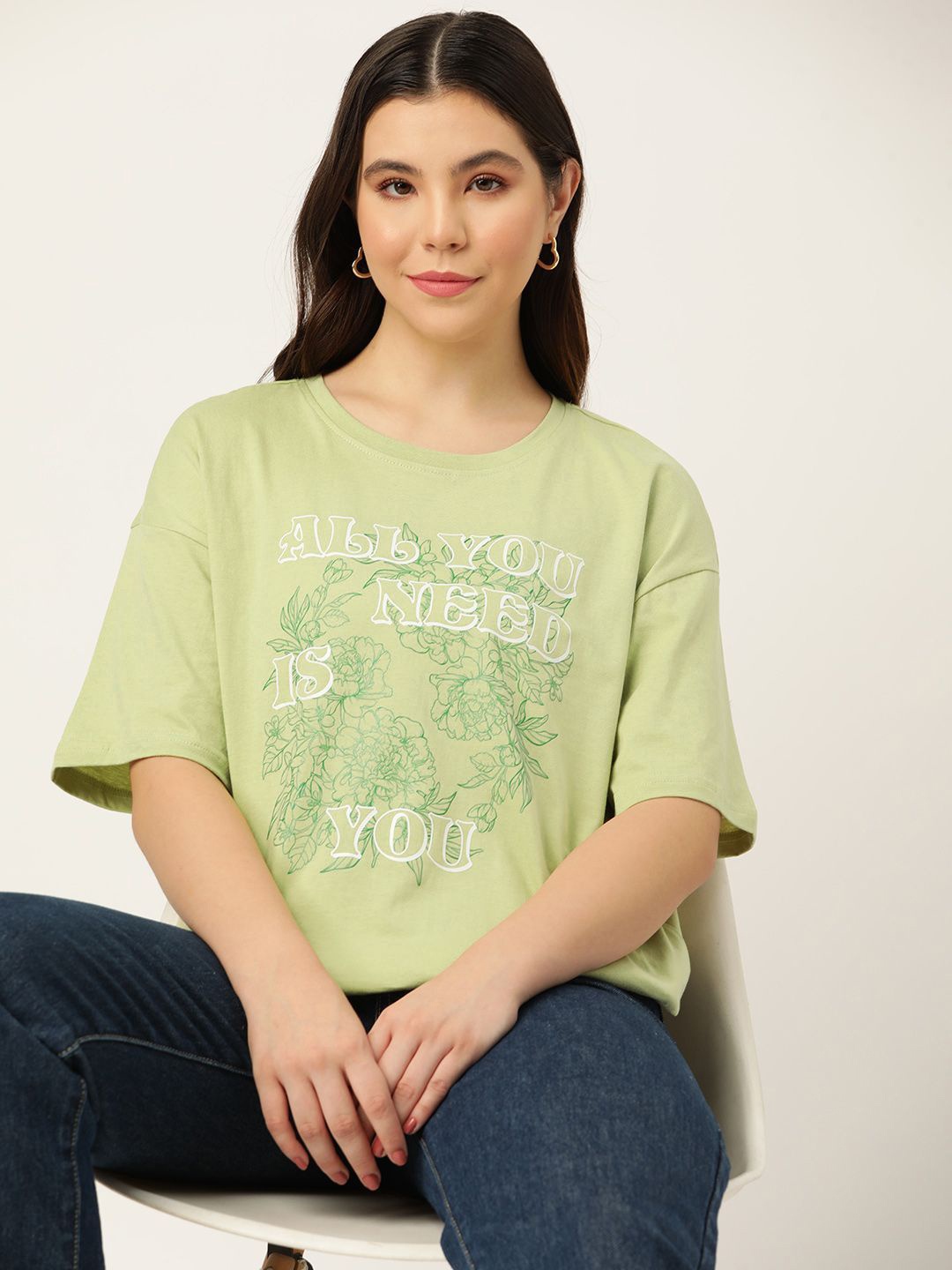 

DressBerry Women Floral Printed Round Neck Cotton Oversized T-shirt, Green