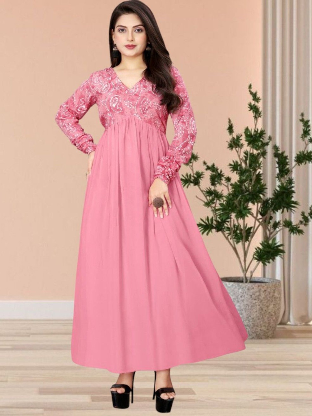 

BAESD Ruffled Georgette Fit & Flare Maxi Dress, Pink
