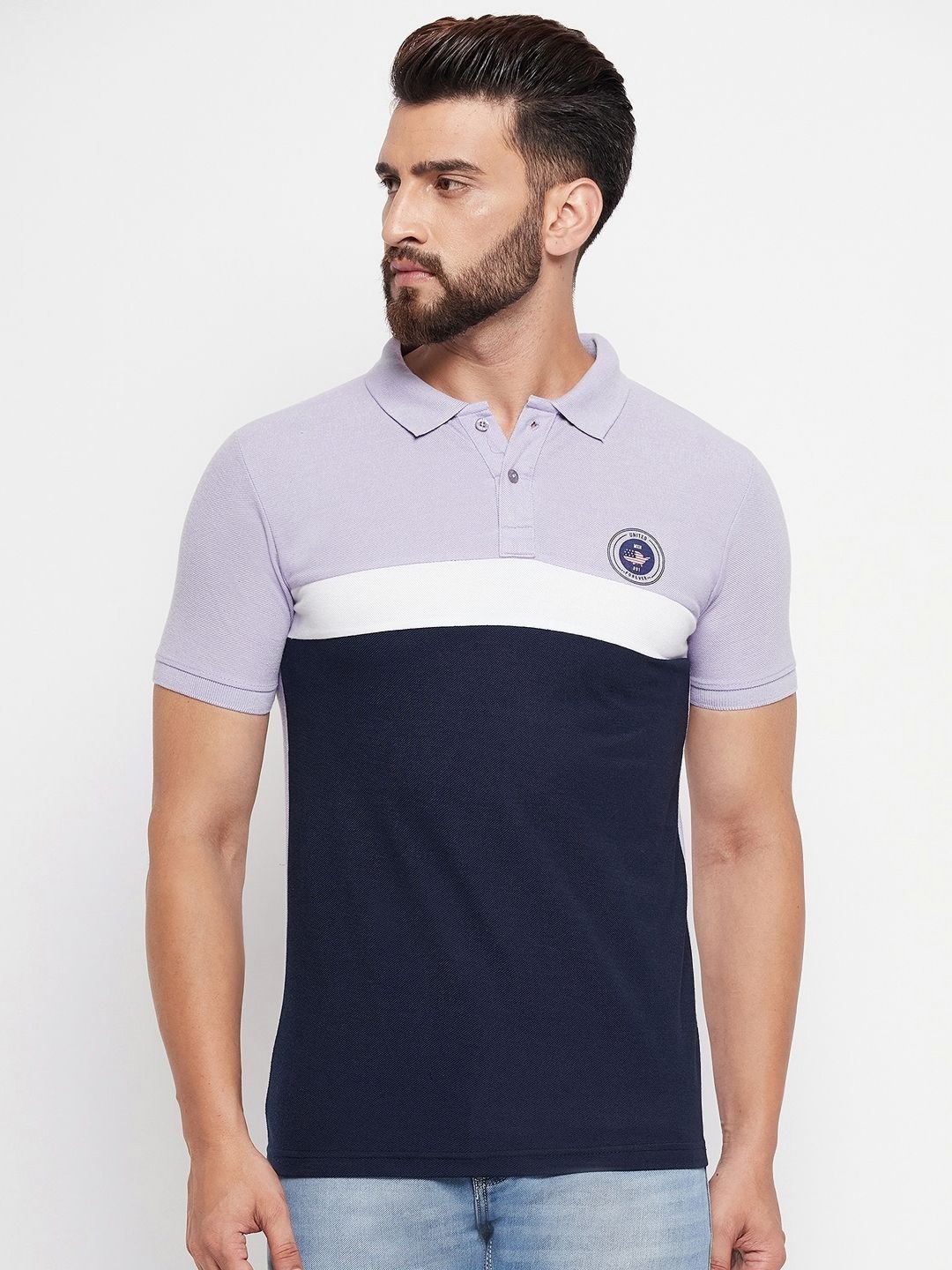 

MXN Men Colourblocked Polo Collar Cotton T-shirt, Navy blue