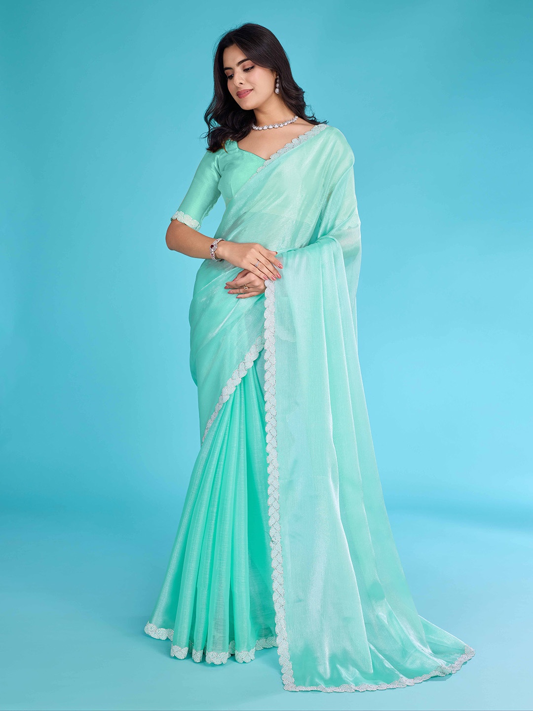 

Blissta Beads and Stones Organza Saree, Turquoise blue