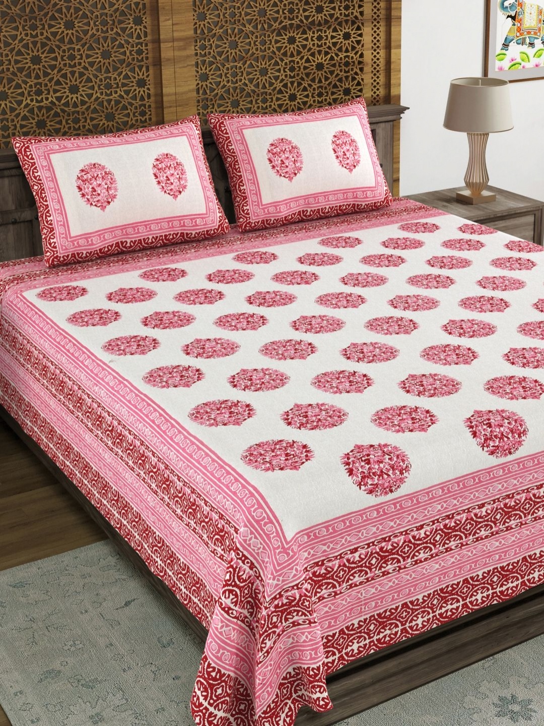 

Myntra Elegant Homes Pink Floral Printed 144 TC Cotton King Bedsheet Set 2.18 m x 2.64 m