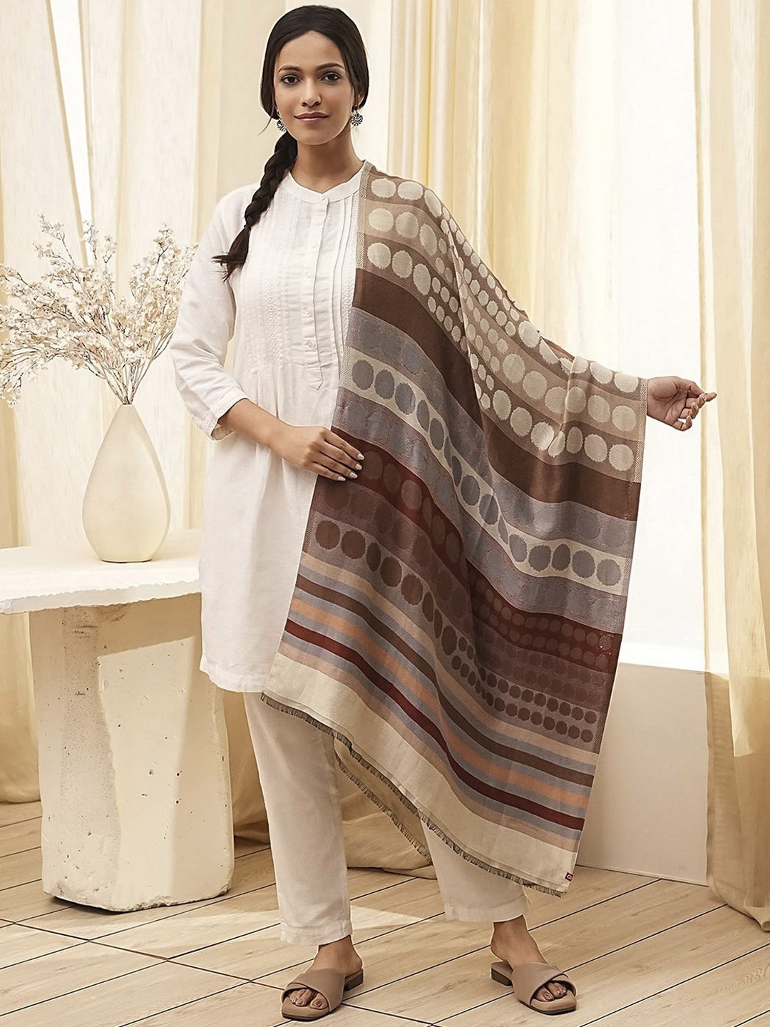 

Biba Geometric Printed With Fringed Border Shawl, Beige