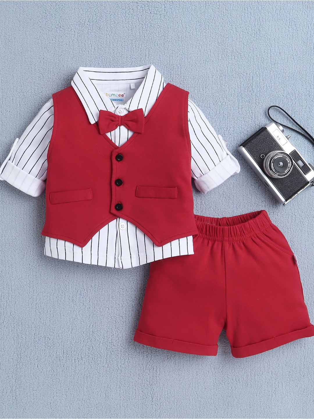 

BUMZEE Infants Boys Striped Shirt Collar Pure Cotton Shirt With Shorts And Bow Waistcoat, White