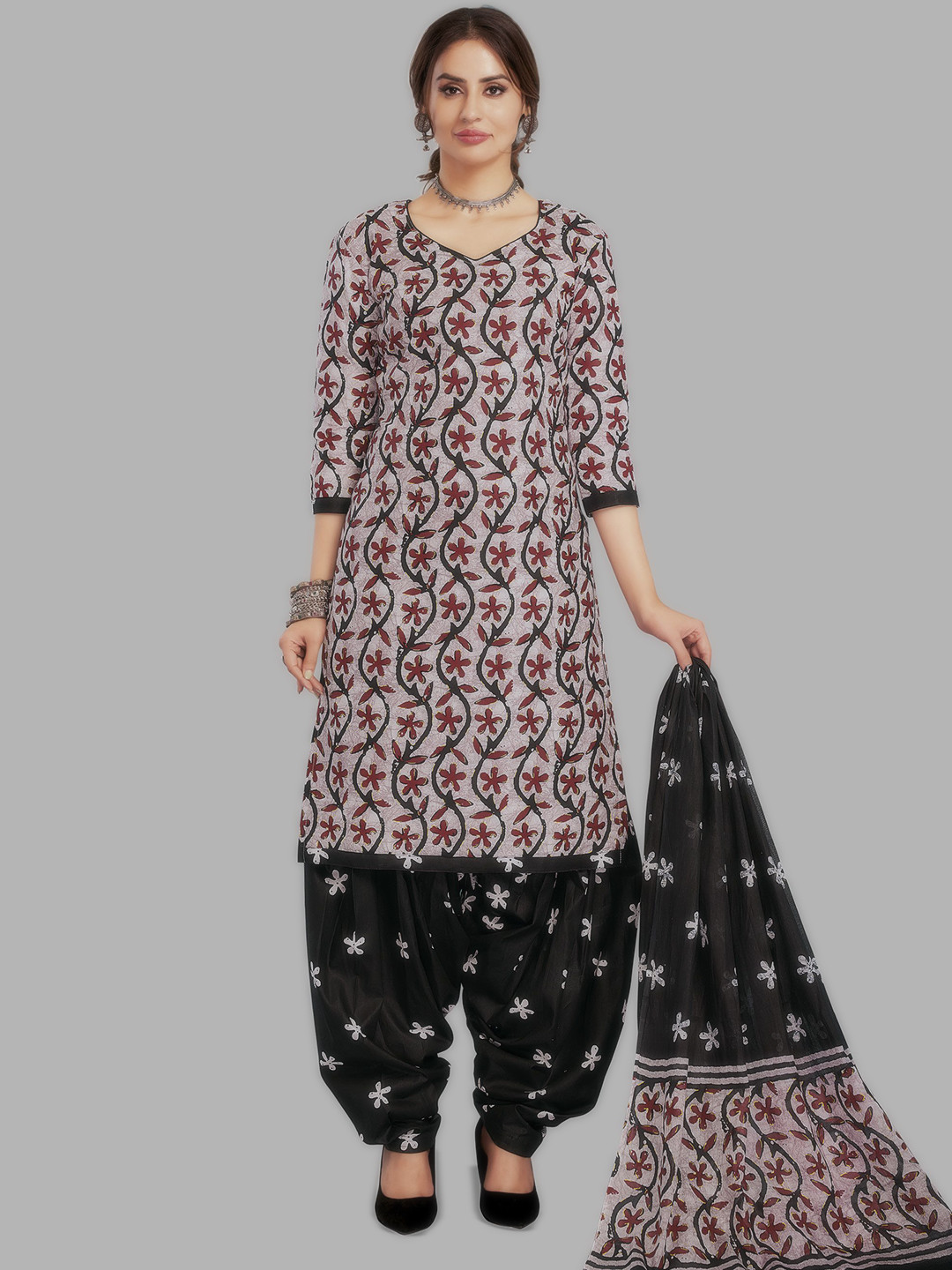 

shree jeenmata collection Printed Pure Cotton Unstitched Dress Material, Black