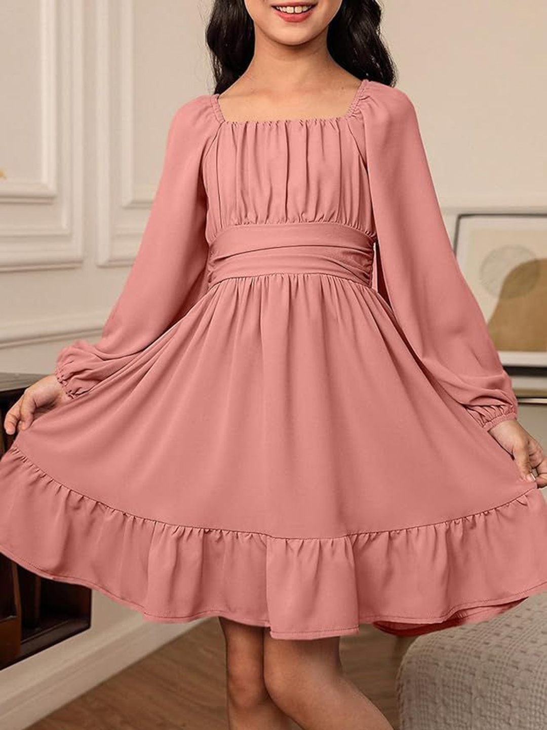 

R Cube Puff Sleeve Ruffled Crepe Fit & Flare Midi Dress, Peach