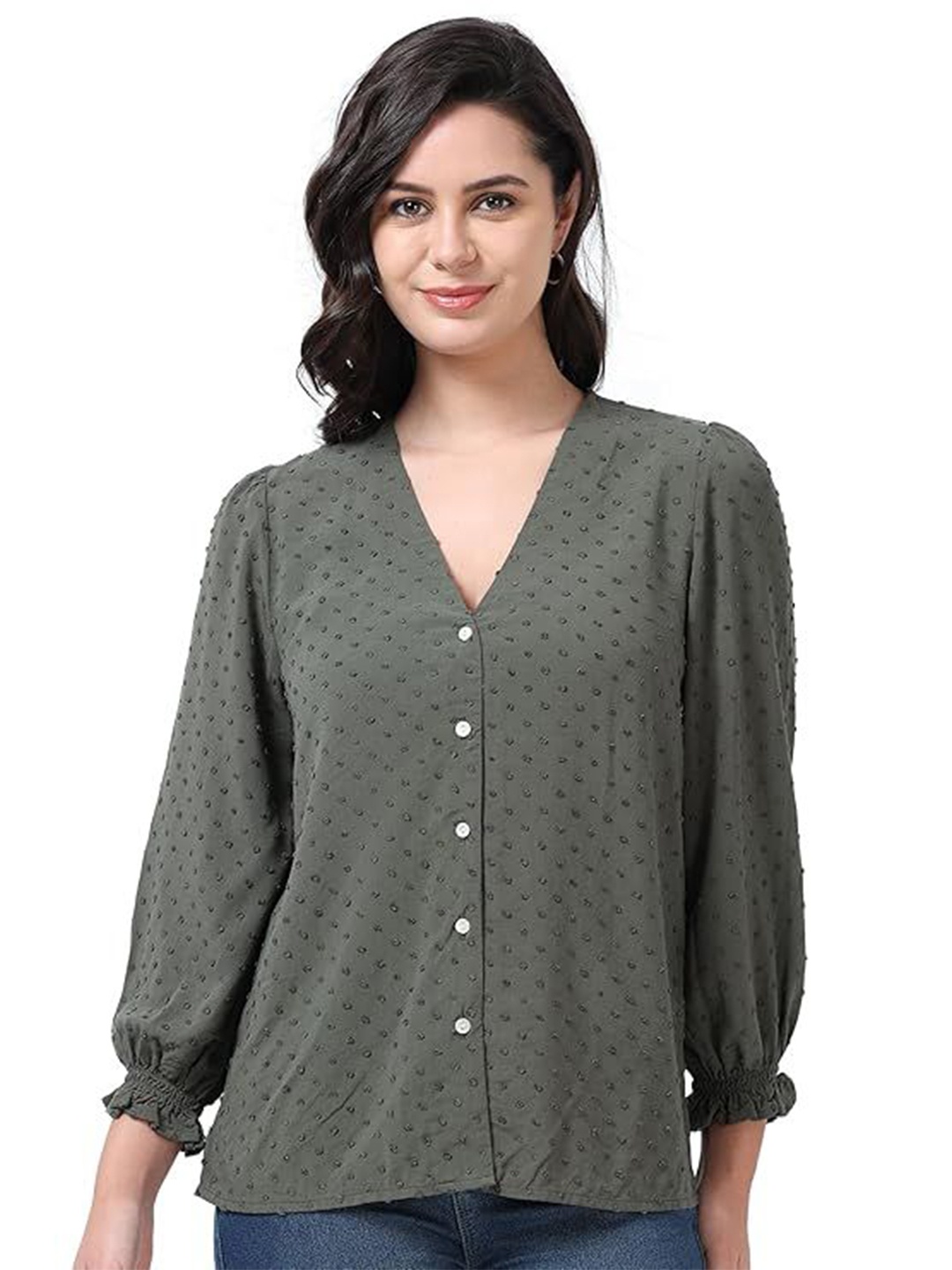 

GLAM & CHIQUE Women Self Design Embroidered Puff sleeves Top, Grey