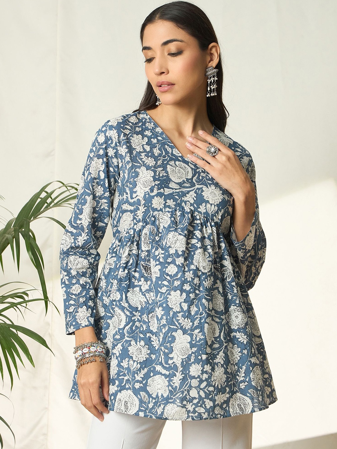 

BANDIA Floral Print Cotton Top, Blue