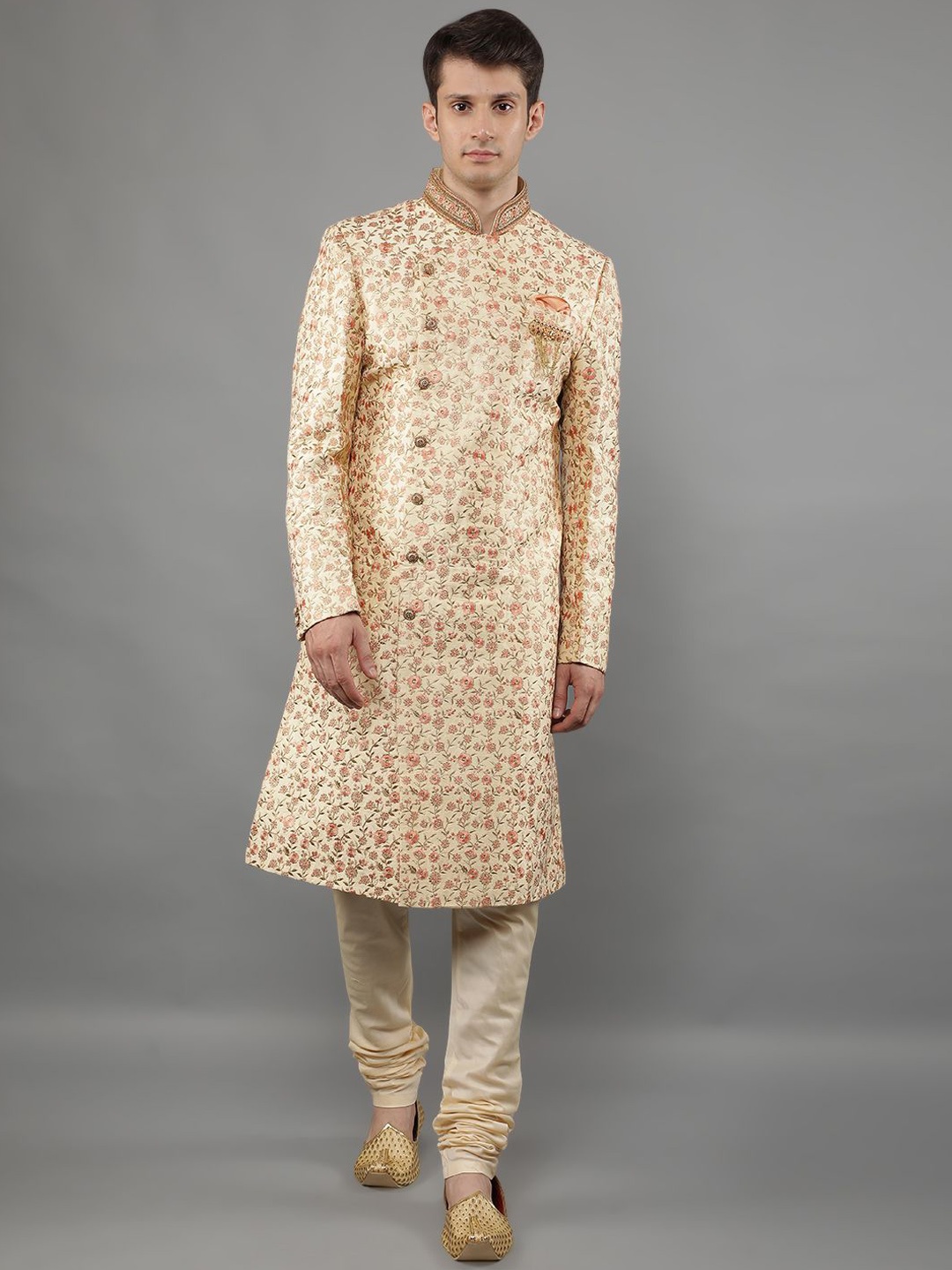 

Manish Creations Men Embroidered Mandarin Collar Sherwani Set, Gold