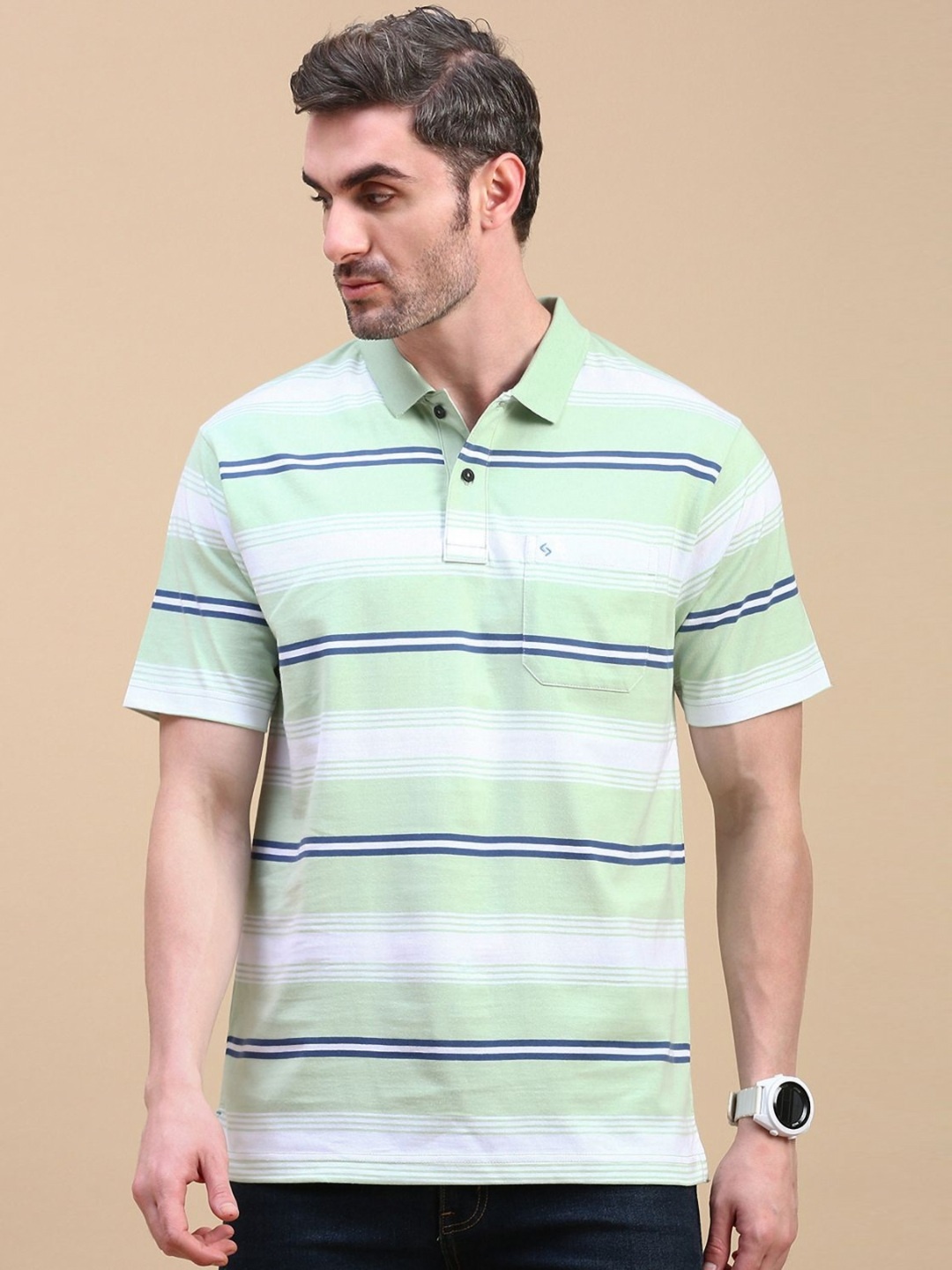 

Classic Polo Men Striped Polo Collar Cotton T-shirt, Green