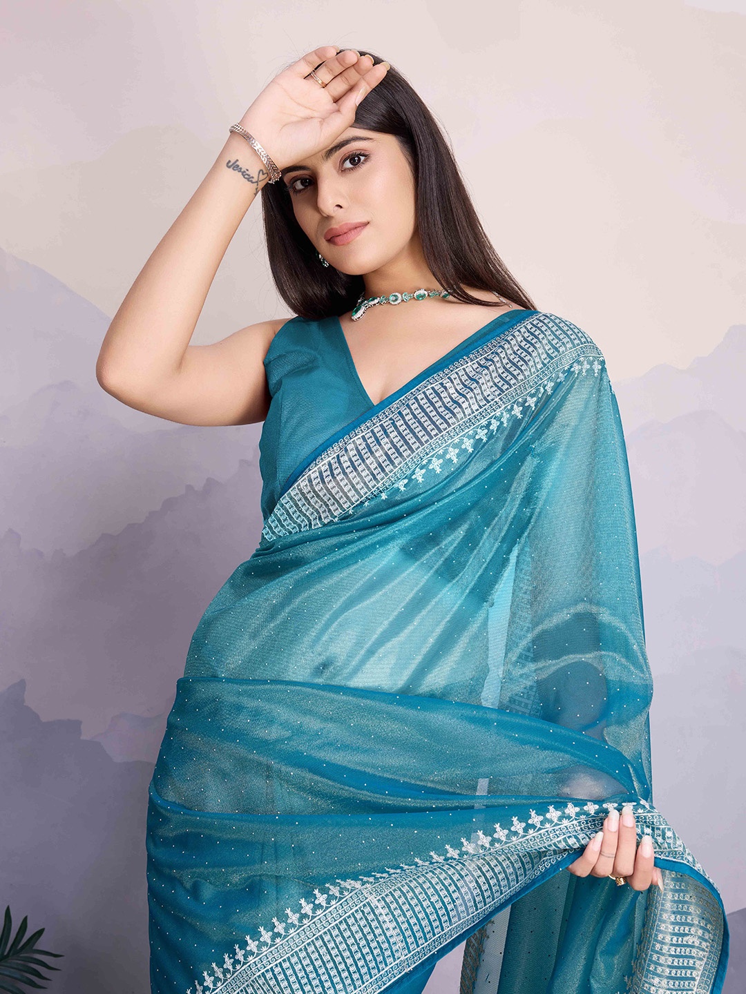 

Blissta Embellished Net Saree, Blue