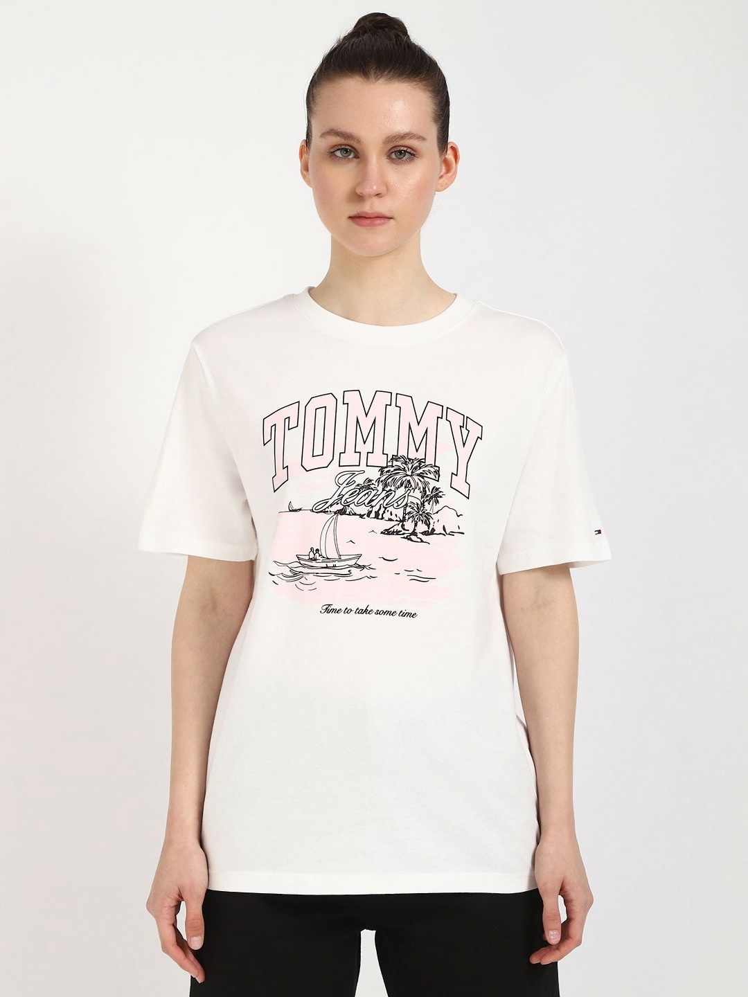 

Tommy Hilfiger Women Graphic Printed Round Neck Cotton Relaxed Fit T-shirt, Off white