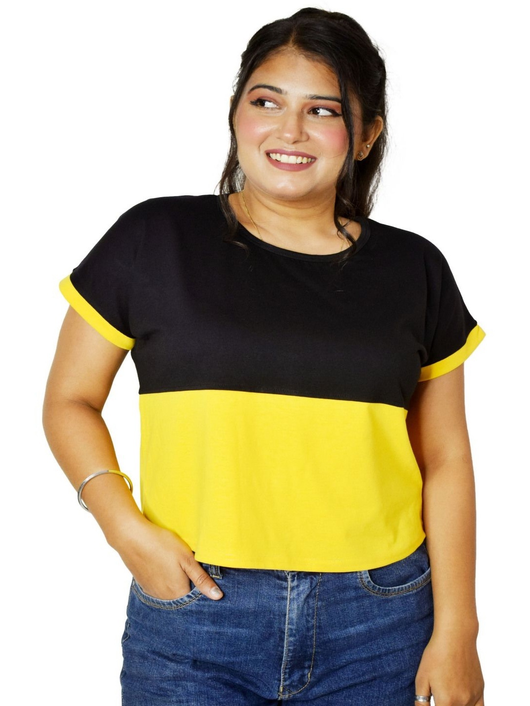 

PINK SHELL Women Colourblocked Round Neck Cotton T-shirt, Yellow