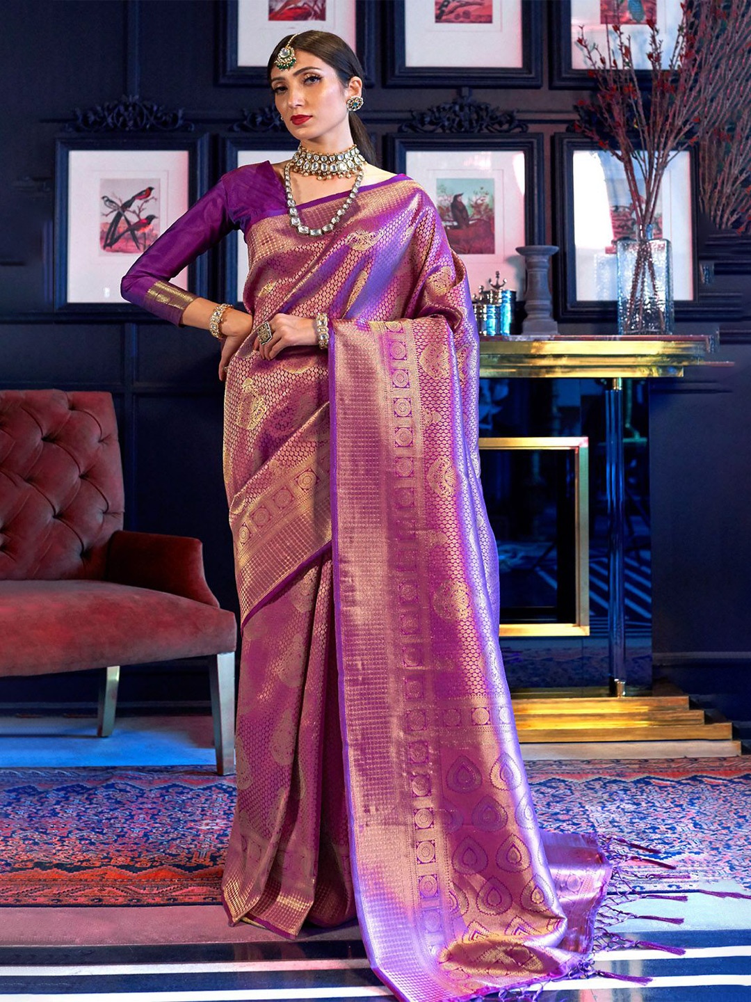 

NITARAA Woven Design Zari Silk Blend Kanjeevaram Saree, Purple