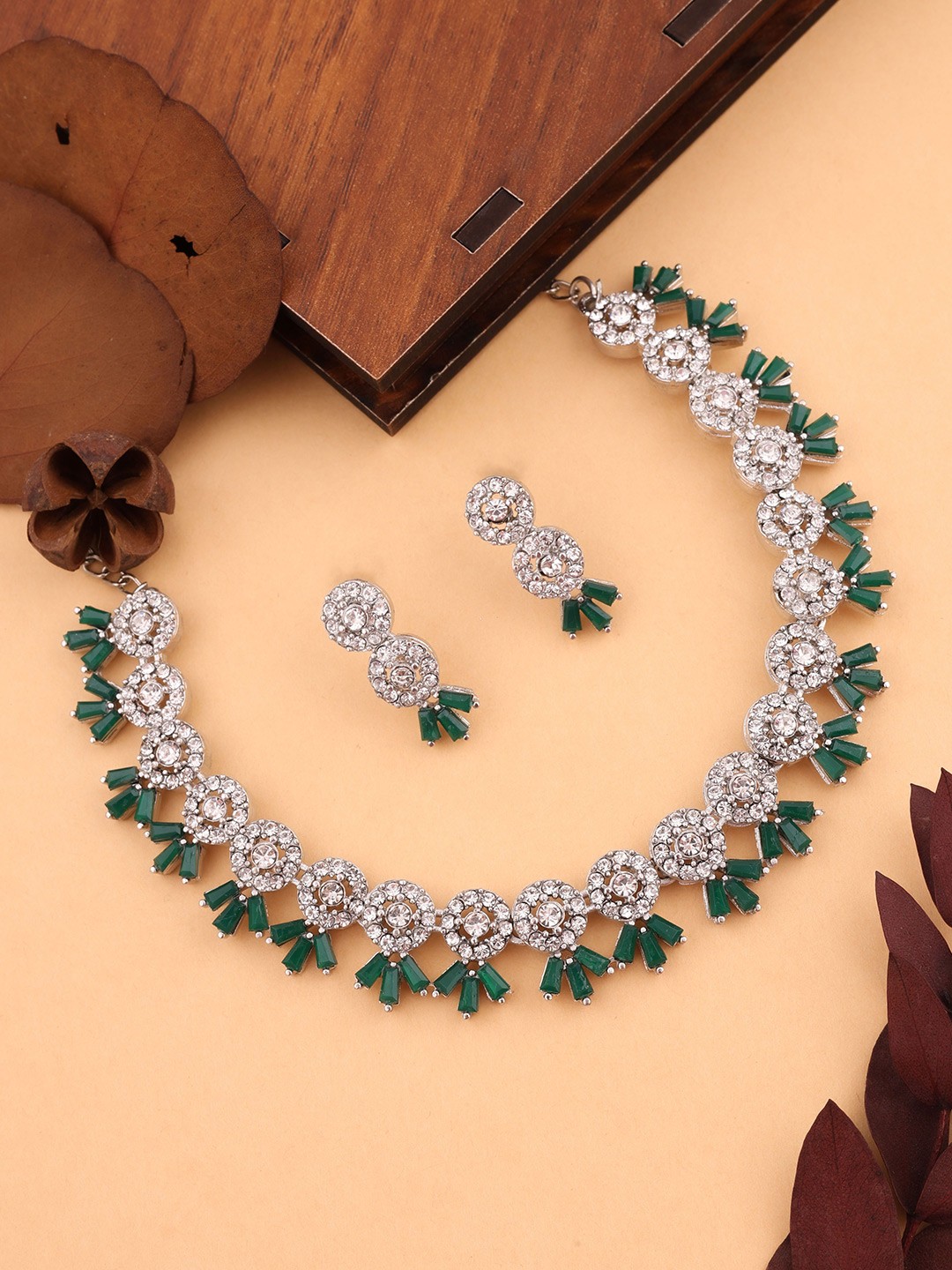 

DIVASTRI Set Of 2 Gold & Silver-Plated American Diamond Studded Jewellery Set