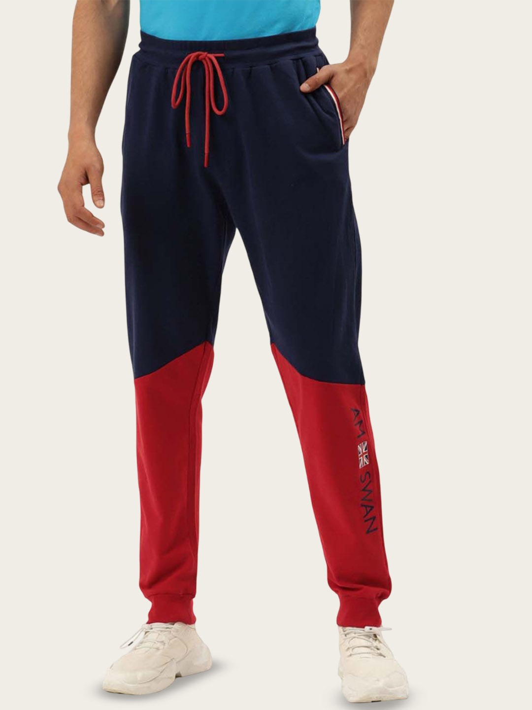 

AMSWAN Men Colourblocked Cotton Mid-Rise Joggers, Navy blue