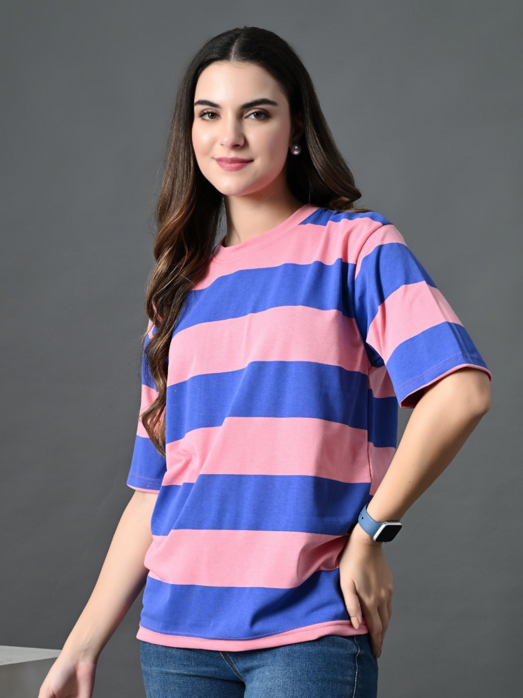 

CORSICA Women Bio Finish Striped Round Neck Cotton Relaxed Fit T-shirt, Blue