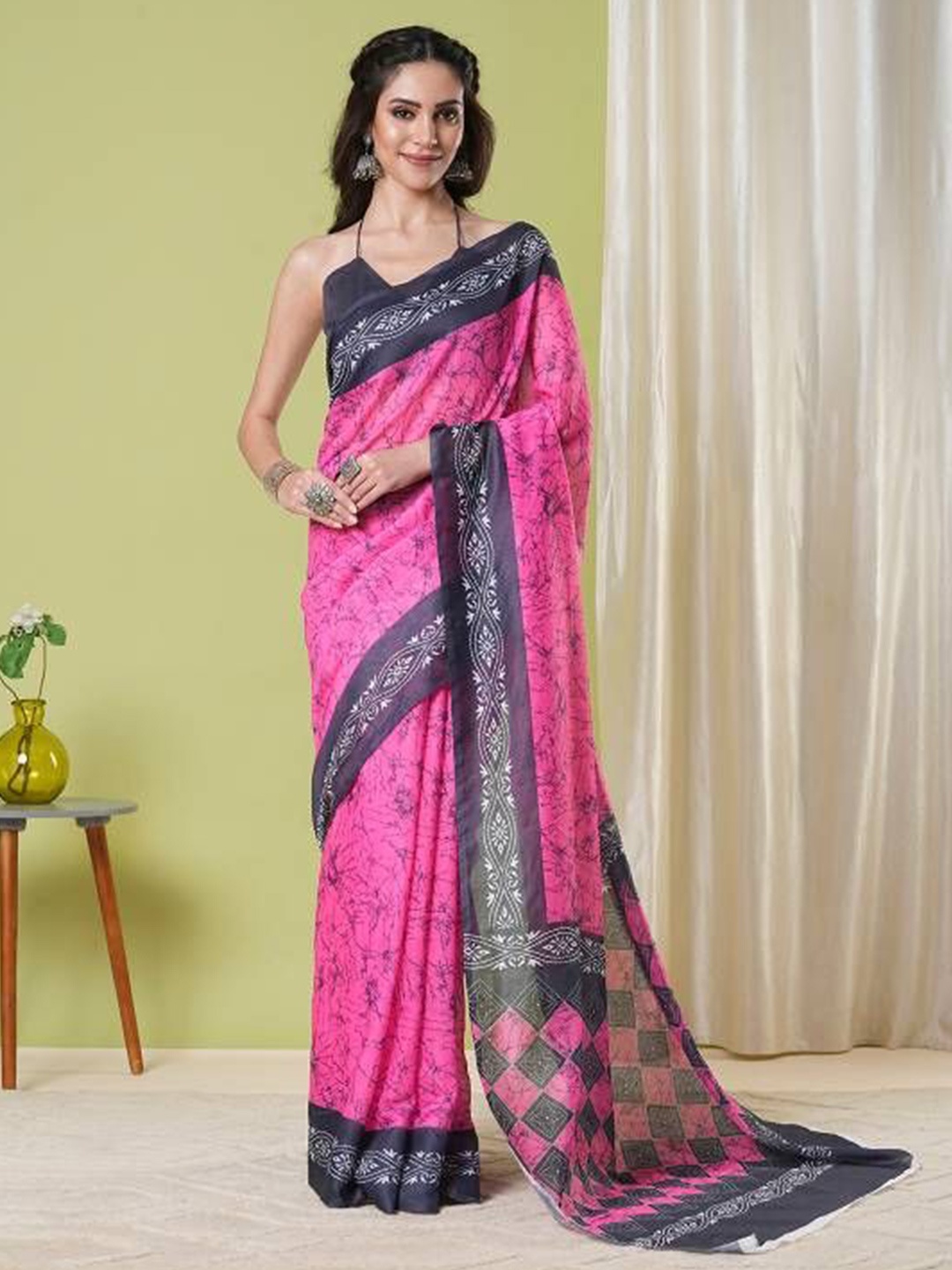 

HI FI NX Tie and Dye Silk Cotton Chanderi Saree, Pink