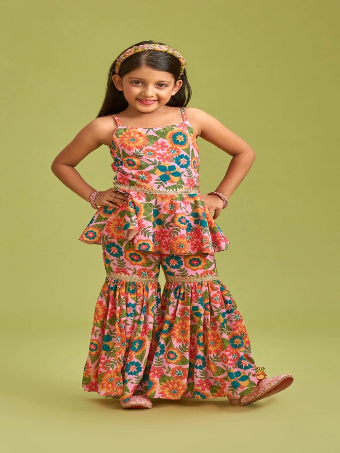 

JOVK DESIGN Girls Floral Printed Square Neck Anarkali Kurta with Sharara, Pink