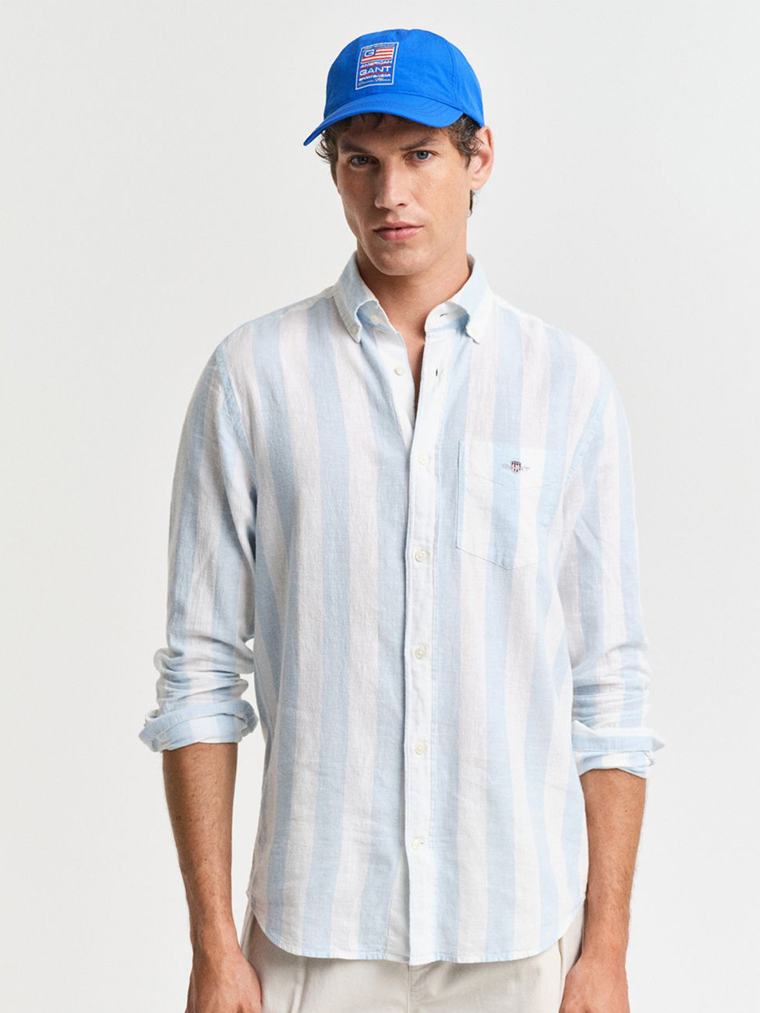 

GANT Men Bold Striped Cotton Linen Casual Shirt, Blue