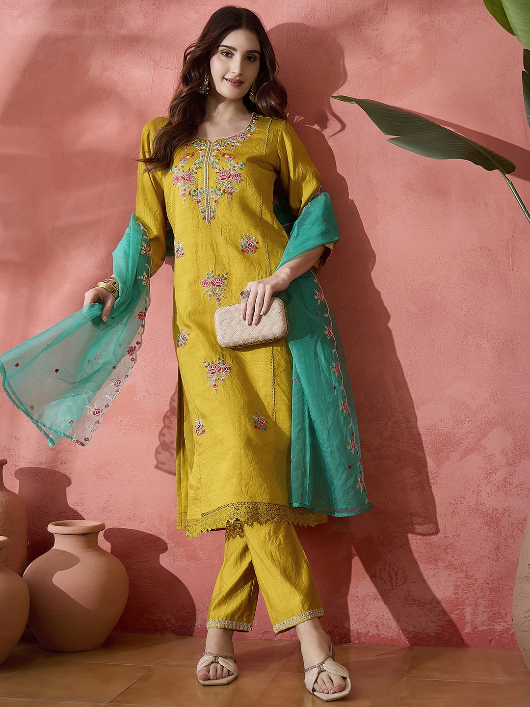 

Sangria Yellow Floral Embroidered Notch Neck Straight Kurta With Trouser & Dupatta