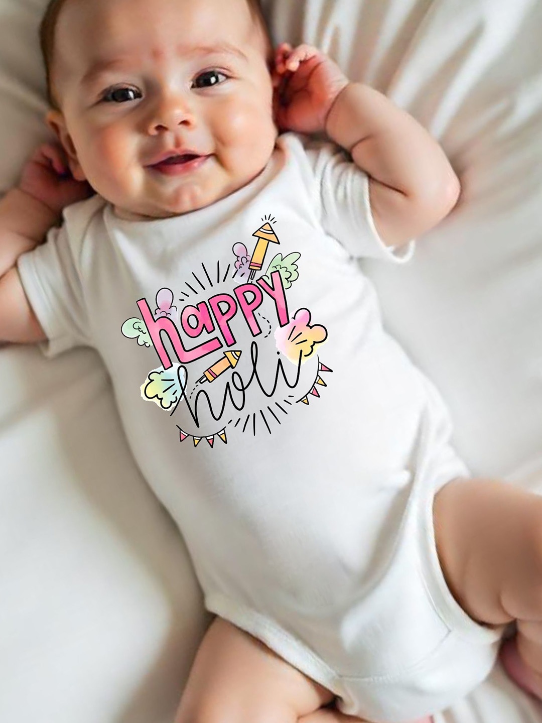 

KNITROOT Infants Happy Holi Printed Bodysuit, White