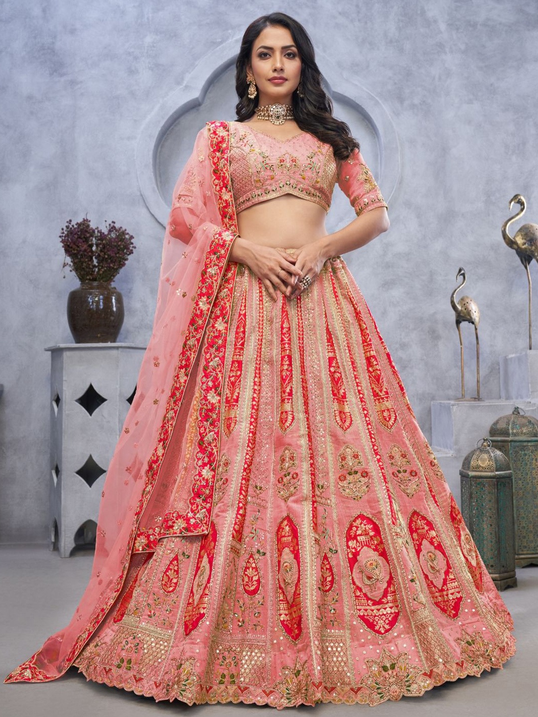 

Fusionic Embroidered Organza Silk Semi-Stitched Lehenga & Unstitched Blouse With Dupatta, Pink