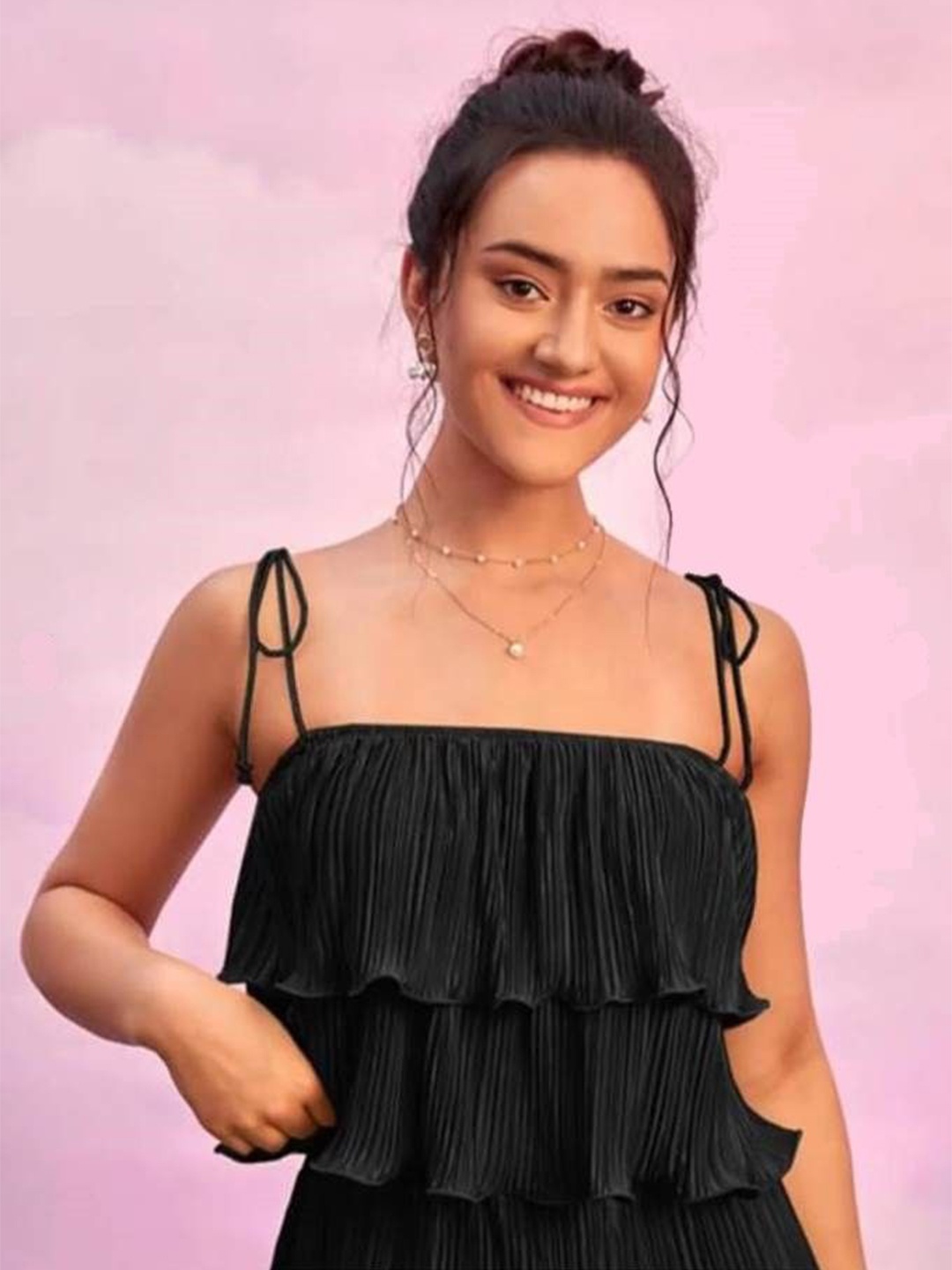 

CORSICA Shoulder Straps Layered Satin Top, Black