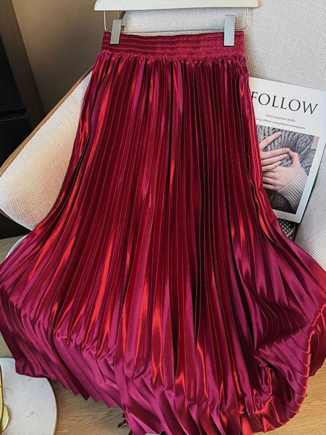 

MADE FOR HER LABEL Luxury Pleated Midi Solid Colour Skirt for Women, Red