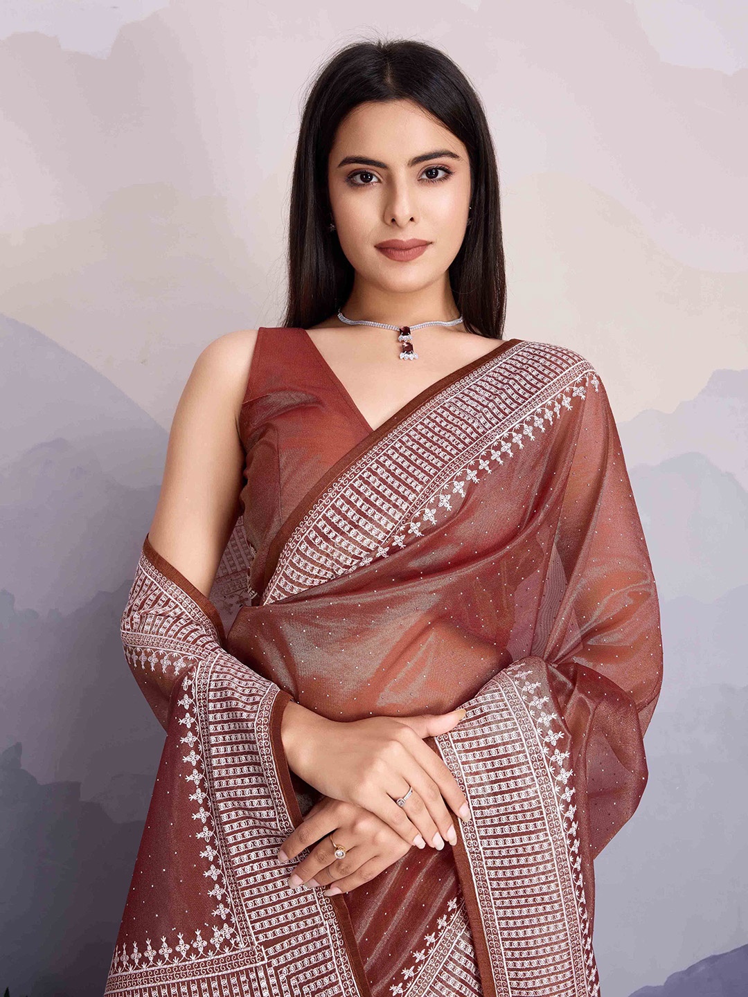 

Blissta Women Embellished Net Saree, Brown